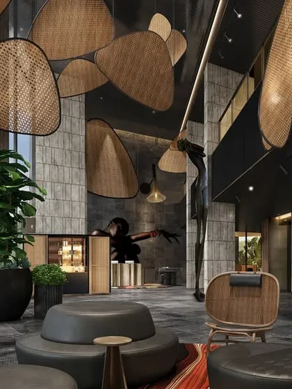 The entrance lobby of the Pullman Hotel in the Middle East, showcasing a blend of natural materials and modern design. This interior rendering highlights the intricate ceiling fixtures, custom furniture, and the overall sense of luxury that defines the guest's first impression.