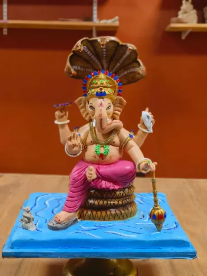 This stunning Ganpati idol, crafted with immense dedication by one of our students over two months, showcases the incredible level of detail and artistry you can achieve in our classes. We guide you through the entire process to bring your vision to life.