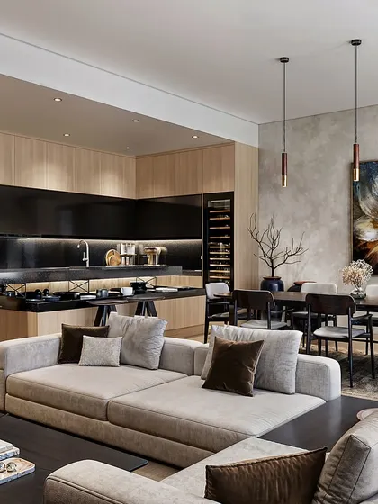 An open-concept luxury living space designed for a client in the USA. This rendering focuses on the interplay of light and texture, from the natural wood paneling and dark stone kitchen island to the soft fabrics of the furniture, creating a warm and inviting atmosphere.