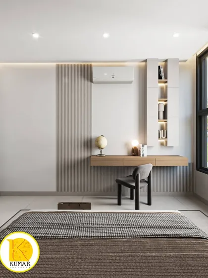 This view shows a floating study desk with built-in shelving, a perfect solution for a work-from-home setup within the bedroom.