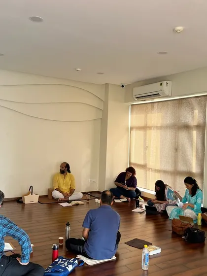 Students gathered for a session on the teachings of the Gita. Our workshops go beyond the physical, offering space for introspection, discussion, and spiritual growth.