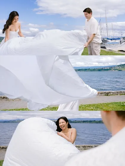Love should feel this easy and full of light. A simple picnic, a flowing white sheet, and a burst of laughter against the backdrop of a Swiss lake. It’s about finding joy in the simple, shared moments.