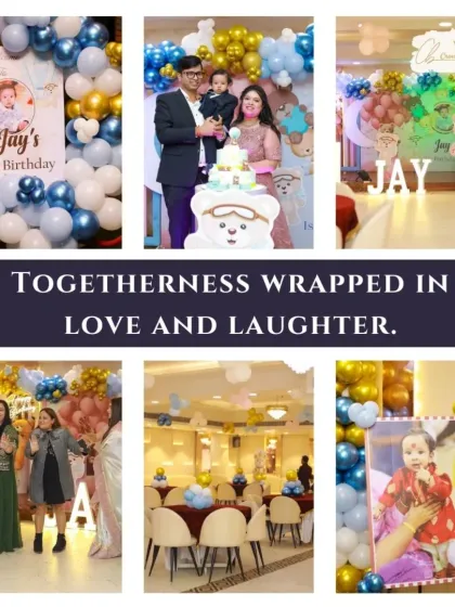 A look into Jay's fun-filled first birthday party. This collage shows the custom welcome sign, the teddy bear themed decor, and guests enjoying the celebration in our versatile and spacious hall.