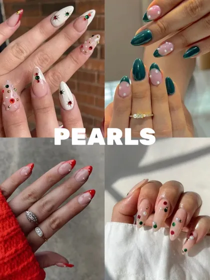 December Nails Inspo, focusing on "Pearls." This collage shows various ways to incorporate delicate pearls into your festive manicure for an elegant and trendy look.