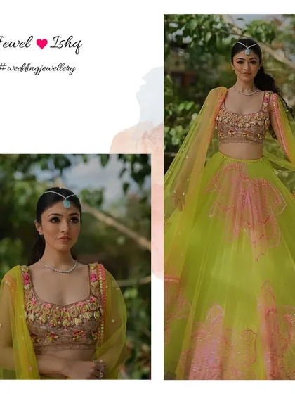 The full look, showing how a minimal necklace can perfectly balance a bold, colourful lehenga. It's all about creating a harmonious and stylish ensemble.
