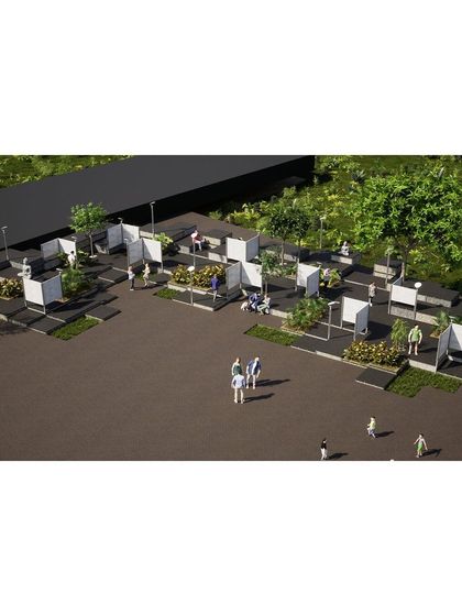 An aerial render of our landscape strategy for a 12th-century stone temple. The design uses a modular system of planters and seating that can be redeployed, offering a flexible solution for a site with multiple stakeholders and restrictions.