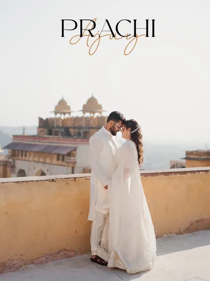 A personalized portrait with the couple's names, set against the majestic backdrop of Amer Fort. We offer custom graphics to add a unique touch to your pre-wedding photos.