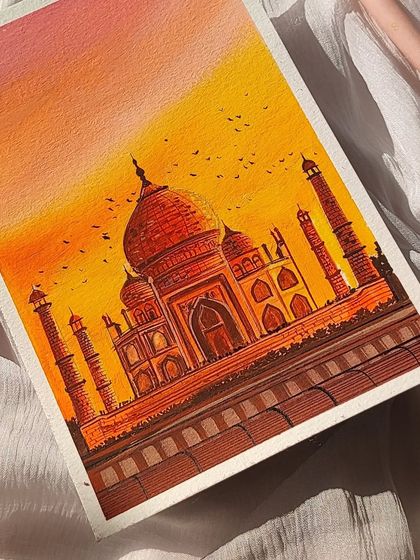 I'm obsessed with painting sunset skies, and this piece featuring the Taj Mahal is a perfect example. The warm orange and pink glow of the sky creates a stunning silhouette of the iconic monument.