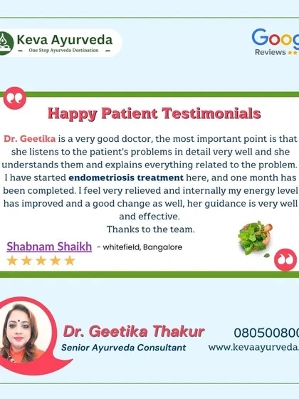 This patient found relief from endometriosis and experienced a significant improvement in her energy levels within one month. She highlights Dr. Geetika's ability to listen, understand, and provide effective guidance.