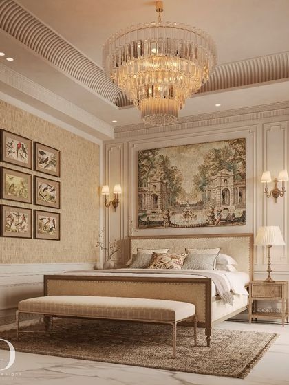 A classical and detail-rich bedroom, with a mix of opulent textiles and intricate patterns. The wall behind the bed features a beautiful tapestry, and the side tables are adorned with bird prints, contributing to a cozy and elegant atmosphere.