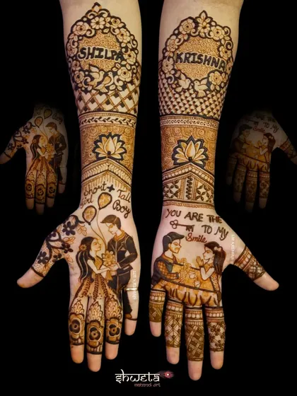 This engagement mehendi tells the story of a "short girl and tall boy". I love creating these fun, cartoon-style portraits that capture the unique details of a couple's relationship.
