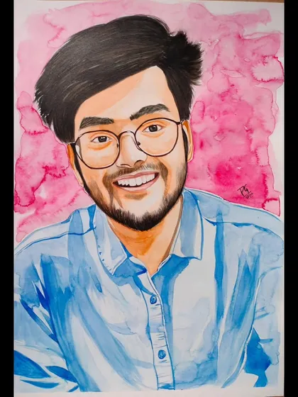 A custom watercolor portrait of a smiling man against a vibrant pink splash background. This style is great for a modern and cheerful piece of art.