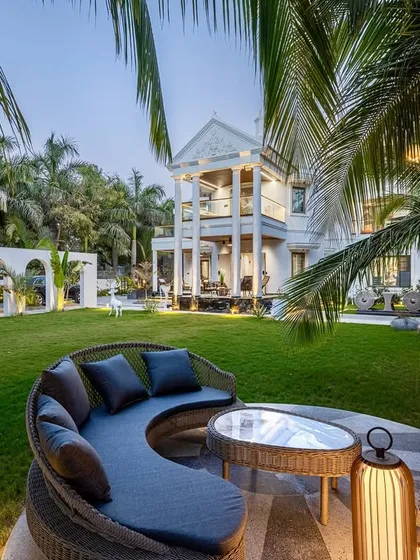 In my Tropical Manor project, I designed this cozy circular deck as a tranquil retreat within a grove of coconut trees. It's a space for unwinding, where the modern gothic architecture of the villa is framed by a grand, immersive, and natural landscape.