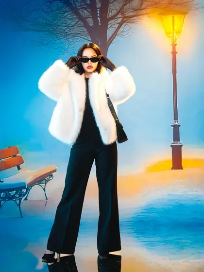 A simple park scene is transformed into a high-fashion set. This image shows how even common settings, when projected and lit correctly, can serve as a powerful backdrop for a striking fashion statement.