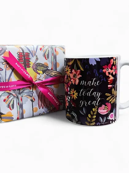 'Make today great'. A bold floral design on a dark background makes this mug a powerful and beautiful start to any morning.