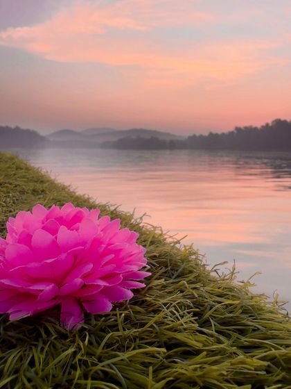 A beautiful, artistic shot of the pink sunset over the river in Honnavar.