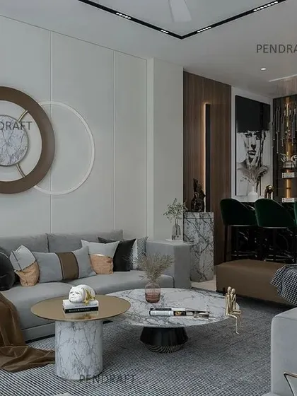 We designed this luxurious bar as a centerpiece of the living room. It features a marble-clad counter, sophisticated backlighting, and plush bar stools for a high-end entertainment experience.