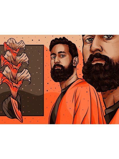 A portrait of musician Sarathy Korwar for Bandcamp, blending his image with abstract floral and cosmic elements.