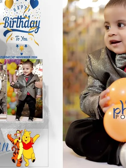 A sample album page design for a first birthday, featuring a main portrait and smaller candid shots of the birthday boy, Avyaan.