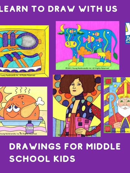 Our curriculum for middle school kids features more complex and cool subjects, like this collage of a sneaker, a pop-art cow, and a cartoon character.