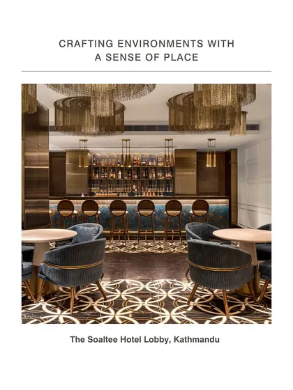 We design every part of a hotel to contribute to a cohesive guest experience. The lobby bar at The Soaltee Hotel in Kathmandu features custom chain chandeliers and a palette of rich textures and warm lighting, creating an inviting social hub that complements the grandeur of the main reception area.