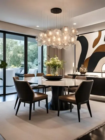 This contemporary dining space combines a round marble-top table with rich leather chairs, creating an intimate setting for meals. The design is elevated by a modern bubble chandelier, bold abstract artwork, and large glass doors that connect the room to the outdoors.