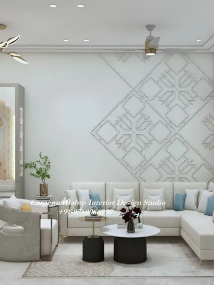 This living room combines a comfortable L-shaped sofa with a modern puja mandir. The wall behind the sofa has a subtle geometric pattern, adding texture to the serene space.