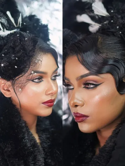 Master the art of high-fashion and vintage makeup. This look, inspired by classic Hollywood glamour, showcases the techniques you'll learn for editorial photoshoots and portfolio development, including finger waves and bold, defined features.