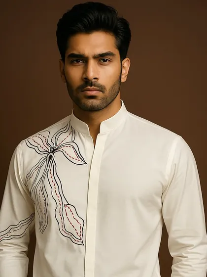 A close-up of a custom off-white shirt with a modern mandarin collar. The highlight is the intricate, abstract floral embroidery that flows from the shoulder, showcasing detailed threadwork with subtle color accents.