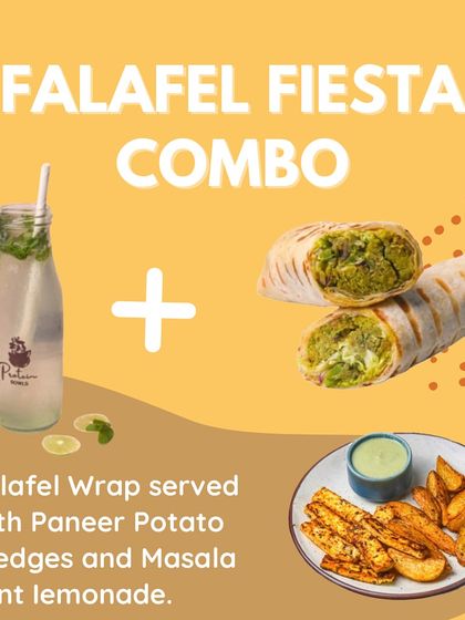 Discover the perfect balance of taste and nutrition with our meal combos, like this Falafel Fiesta Combo. It includes a Falafel Wrap, Paneer Potato Wedges, and a Masala Mint Lemonade.