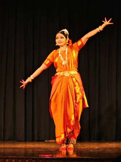 I feel immense pride watching my disciple, Sudipta Chakraborty, perform at the India International Centre. This image captures the grace and confidence that comes from years of dedicated practice and a deep understanding of the Kalakshetra style.