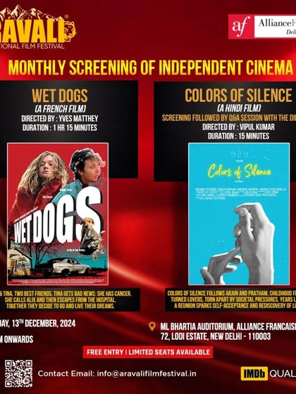 Another version of the poster for our independent cinema screening. The clear layout presents both the French and Hindi films, highlighting our diverse programming in collaboration with the Aravali International Film Festival.