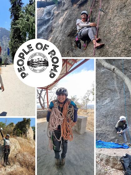 A collage of Shivani's climbing life, from carrying crash pads to coiling ropes. It shows the many facets of being a dedicated member of the climbing community.
