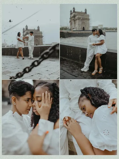 A four-panel collage capturing various moments of intimacy and playfulness, from dancing by the Gateway of India to quiet, tender embraces.