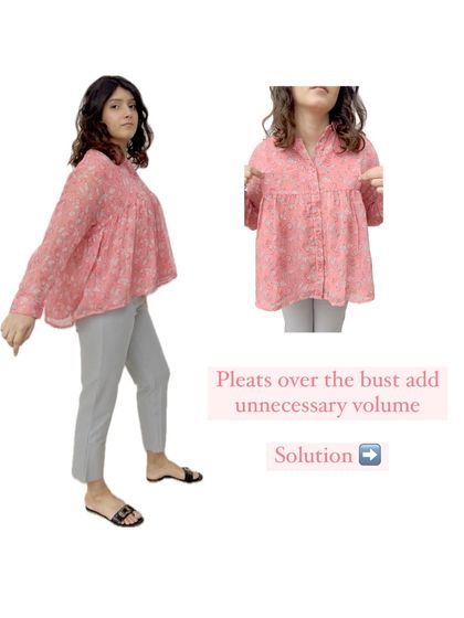 This image further illustrates why pleats over the bust are unflattering. The inset shows a close-up of how the detail adds volume, reinforcing the styling lesson.