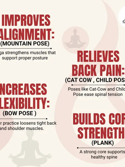This graphic shows how different yoga poses support posture and spinal health. It highlights how poses like Cat-Cow relieve back pain, Plank builds core strength, and Bow Pose increases flexibility.