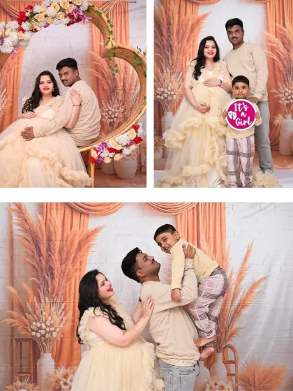 This collage captures the full story of a family maternity session. It includes portraits with the couple, the older sibling holding an "It's a Girl" sign, and playful, loving moments between them all.