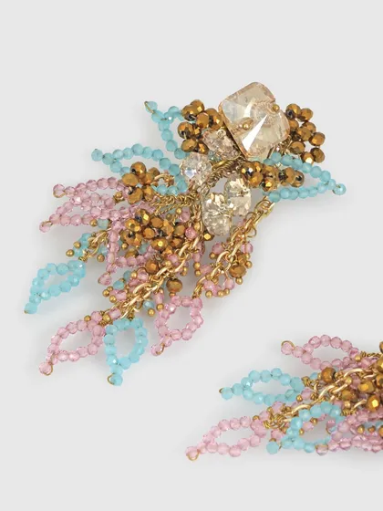 A close-up detail of the semi-precious stones and intricate beadwork on these vibrant danglers.