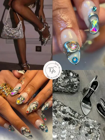 This mood board captures the high-fashion vibe of the 3D chrome and jewel nail set, pairing it with silver accessories and heels.