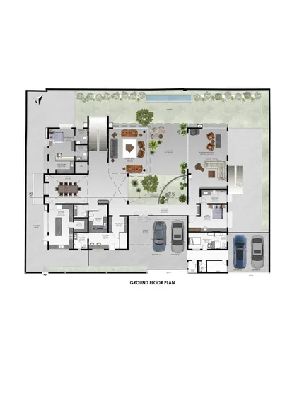 The ground floor plan, showing the arrangement of the main living areas, kitchen, and their connection to the garden and swimming pool.