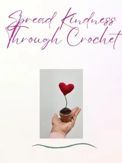 A single red heart, potted in a crochet base. This simple, heartfelt creation is a perfect way to spread kindness and love through our craft.