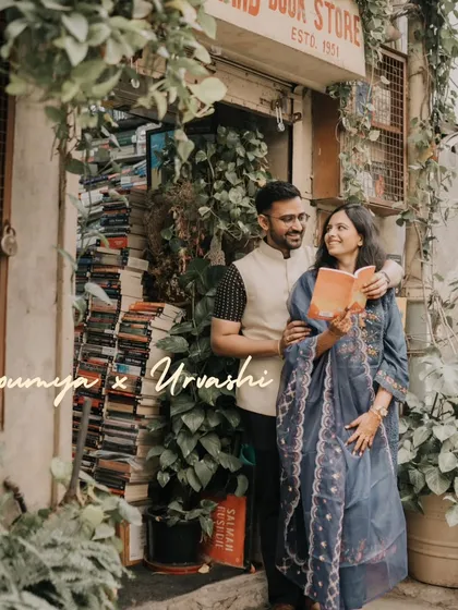 A love for books and each other. This pre wedding shoot for Urvashi and Soumya at a classic Khan Market bookstore was designed around their shared interests, making the photos deeply personal and authentic.