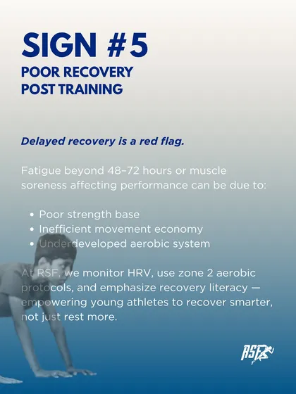 Is your child recovering poorly after training? This infographic explains how delayed recovery can be a sign of a poor strength base or an underdeveloped aerobic system. I teach young athletes to recover smarter, not just rest more.