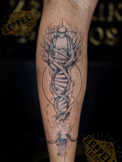 A clearer shot of the self-control concept tattoo, showing the fine line work in the tree branches and the human form.