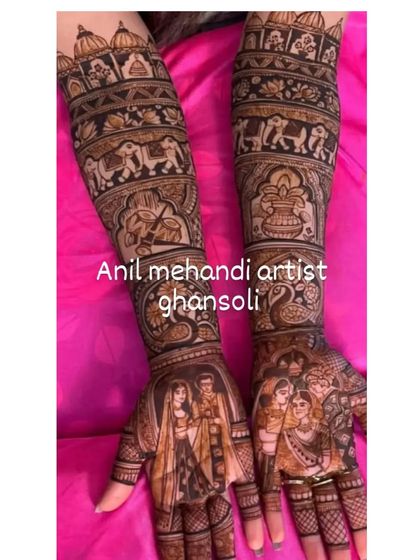 A full story on the hands. This design includes couple portraits, a varmala ceremony scene, and a baraat with elephants, all tied together with intricate patterns.