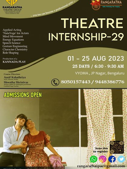 A flyer for Rangaratha's Theatre Internship program. We are the chosen venue for their comprehensive 25-day course, covering everything from applied acting to mind movement.