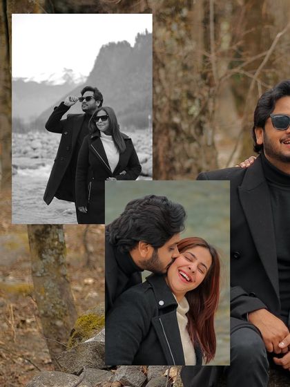 A collage of candid and affectionate moments, including a sweet kiss on the cheek, from a post-wedding session.