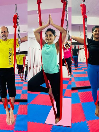 Aerial yoga is for everyone. This collage shows men and women of different ages and fitness levels finding balance and strength in poses like the suspended tree pose.