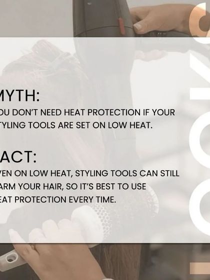 A helpful myth-busting graphic about heat protection. We always educate our clients on best practices for maintaining hair health, like using a heat protectant every time.