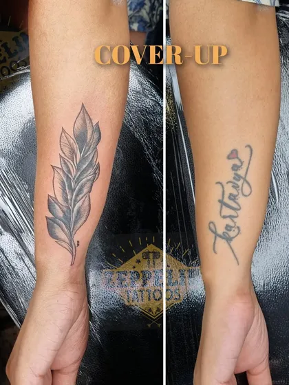 A side-by-side comparison of a name tattoo cover-up. I designed a shaded leaf tattoo to perfectly obscure the old script, providing an elegant and natural-looking solution for tattoo regret.
